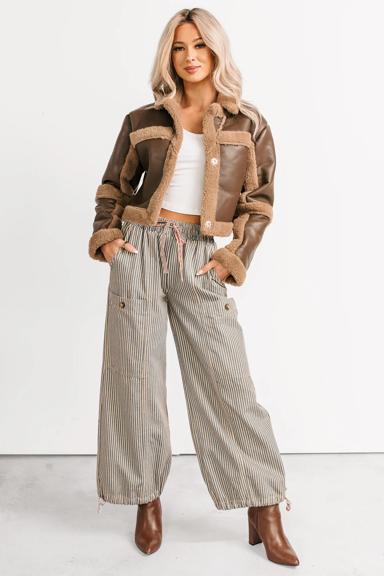 Restless Heart Striped Wide Leg Drawstring Pants (Latte) - Image 3